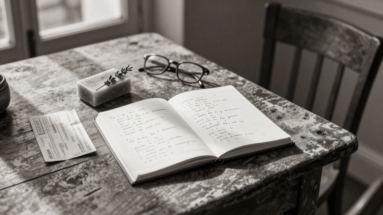 A handmade lavender soap and open notebook with French poetry rest on a wooden table, suggesting a quiet, personal moment in Paris.