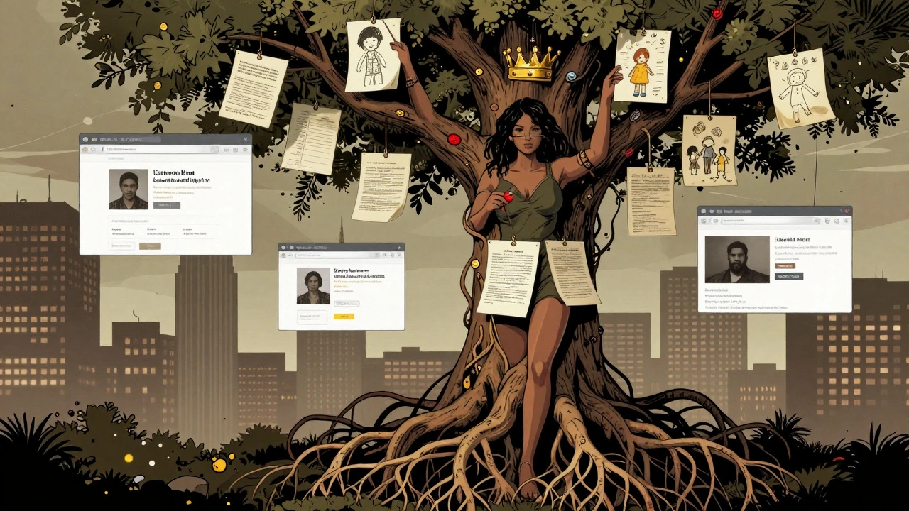 A person depicted as a tree with roots in contracts and a crown of condoms, symbolizing survival and dignity.