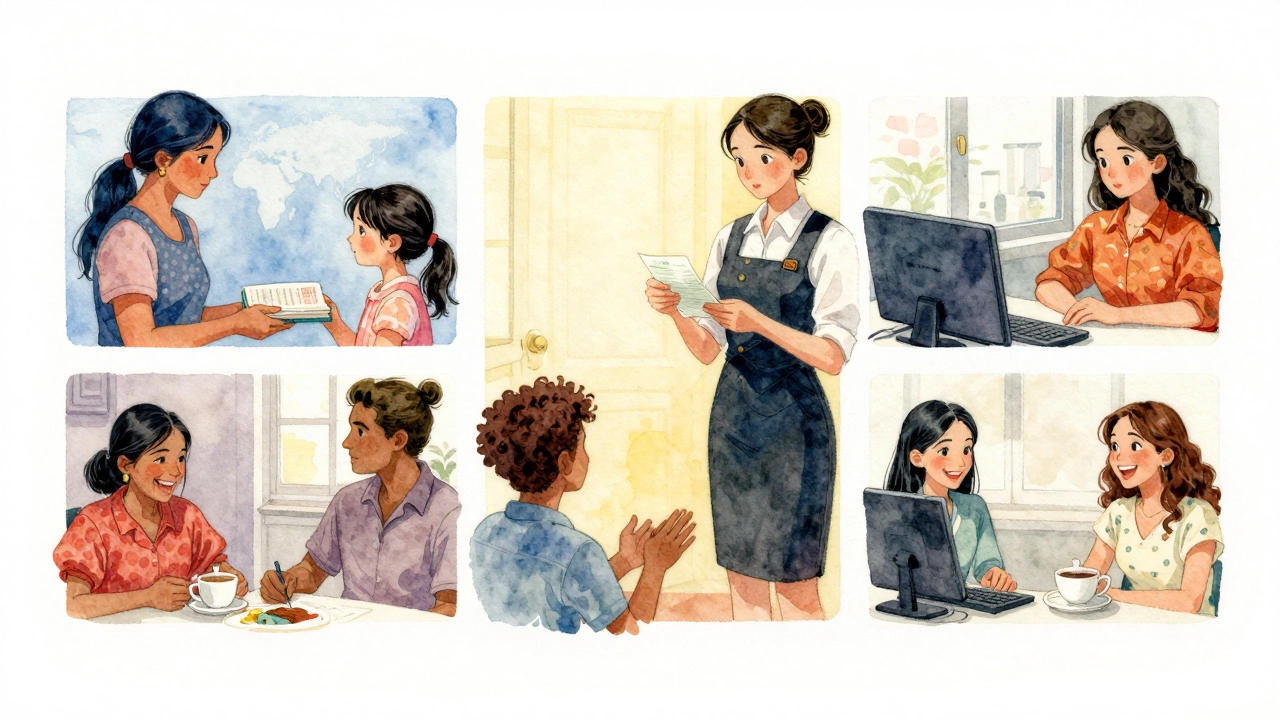 Diverse sex workers across the world in quiet, human moments: teaching, reflecting, and connecting with friends.