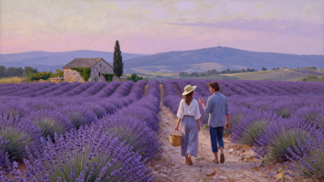 Two figures stroll through a sunrise lavender field in Provence, surrounded by rolling hills and a distant stone farmhouse.